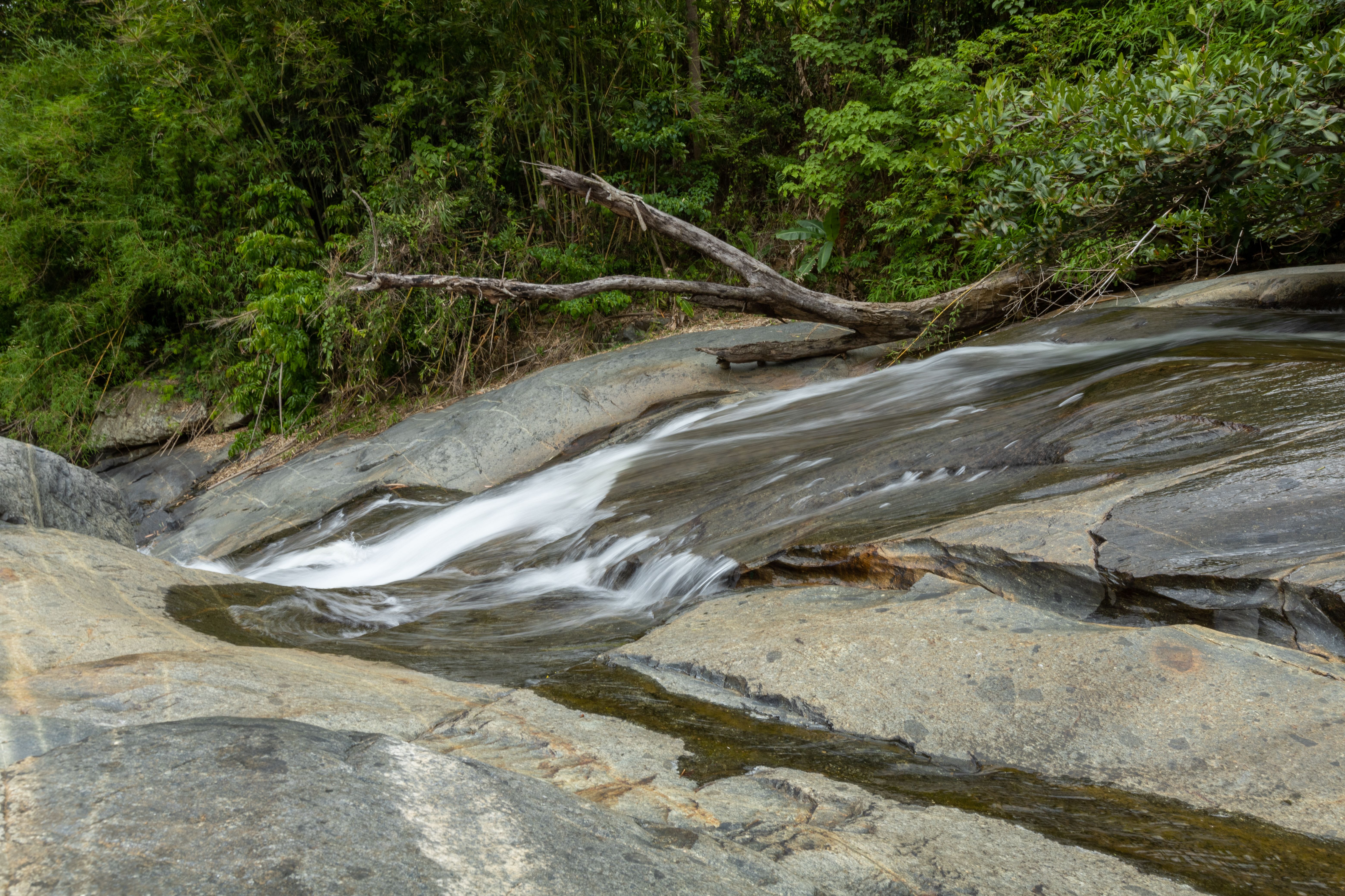 A waterfall is flowing over rocks in the woods · Free Stock Photo