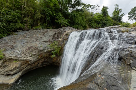 Stunning waterfall cascading over rocks in a lush green forest setting, capturing the essence of nature.