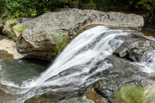 A serene waterfall flows over rocky terrain, surrounded by lush greenery in a natural forest setting.
