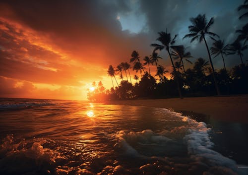 Exotic Beach at Scenic Sunset