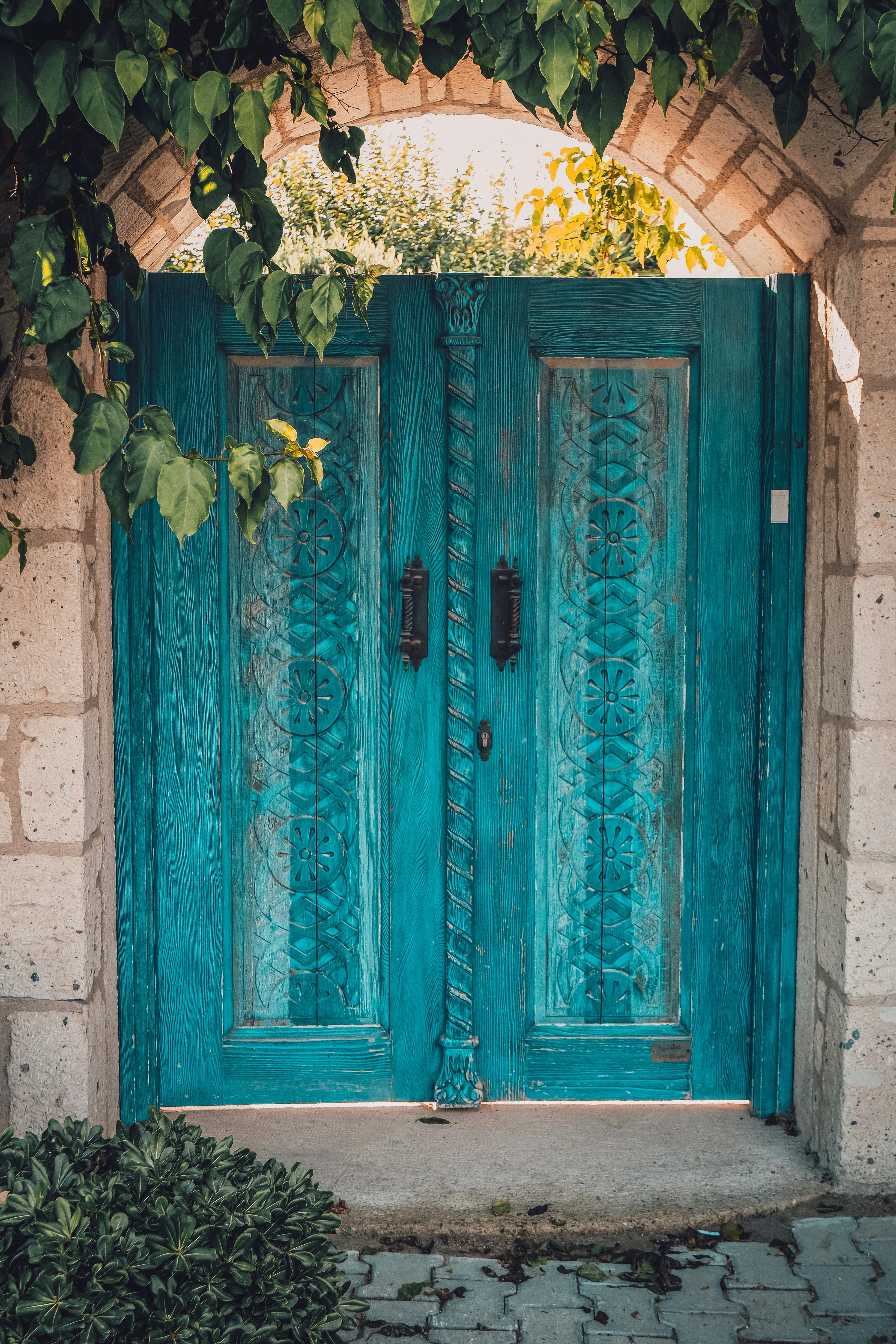 A beautifully carved blue wooden door beneath a stone archway, surrounded by lush greenery.
