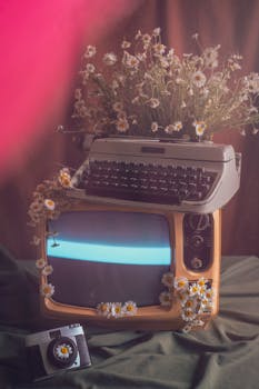 Retro setup with flowers, old typewriter, and vintage TV for a nostalgic feel.