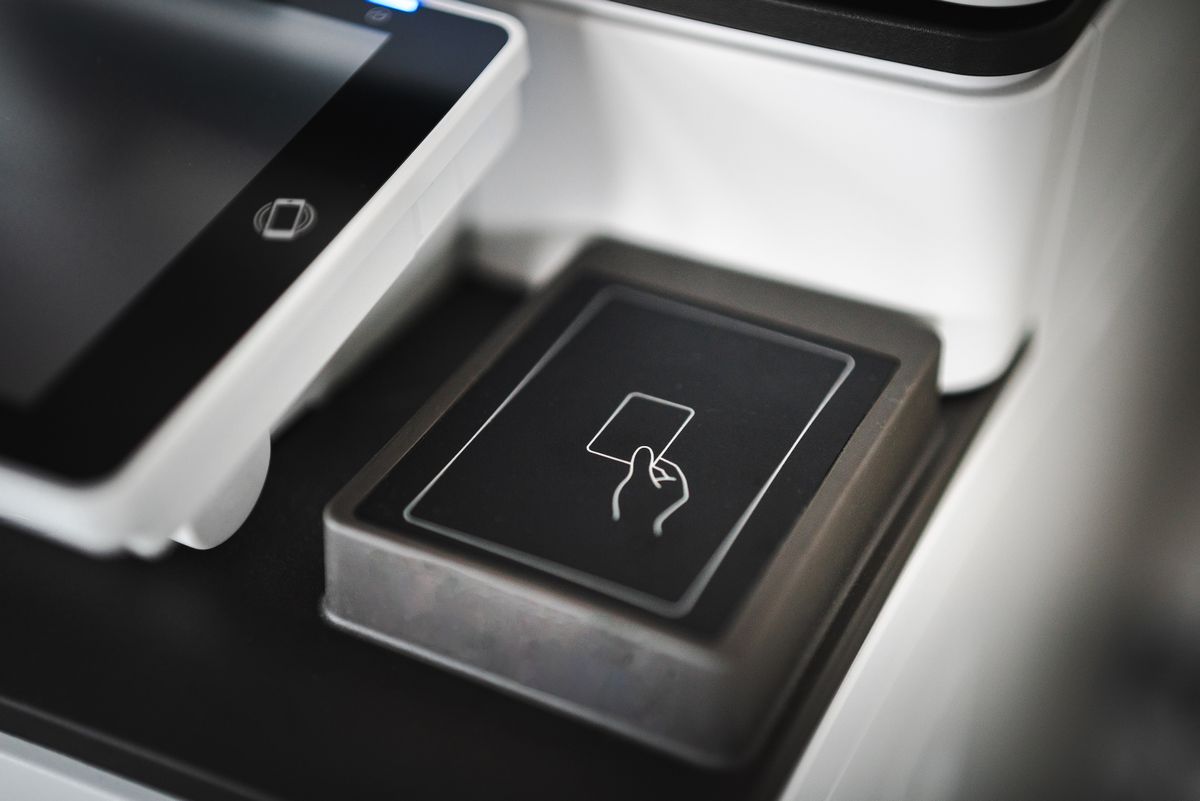 Modern payment terminal close up