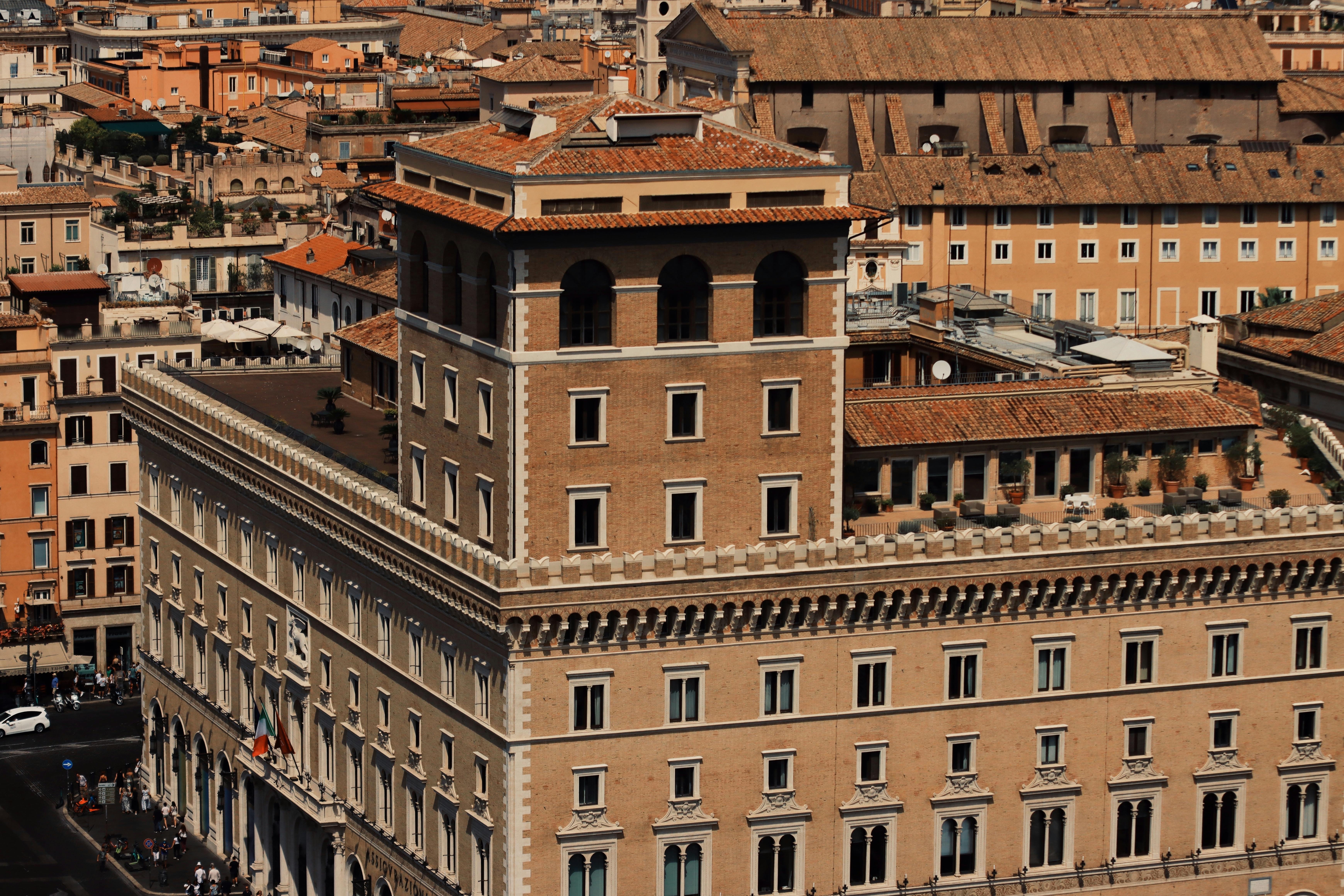 Stunning aerial perspective of classic Roman buildings in the heart of Rome, Italy.