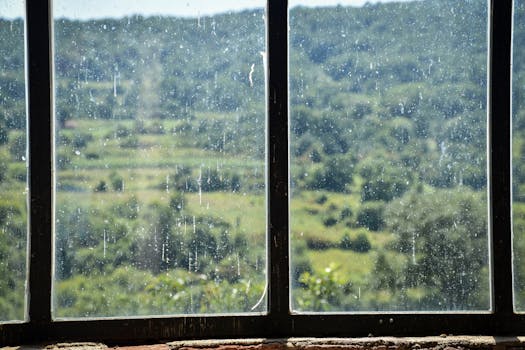Raindrop-covered window overlooking a lush green landscape.