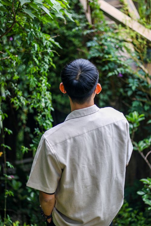 Free Back view of a man with black hair in a tranquil garden. Nature surrounds. Stock Photo