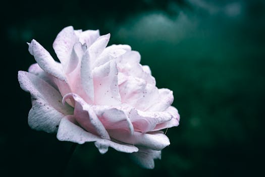 Close-up of a delicate white rose with dew drops on petals against a dark background.