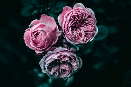 Close-up of pink roses with water droplets on dark moody background.