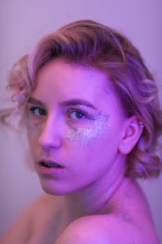 Striking portrait of a young woman with glitter makeup under pink lighting.