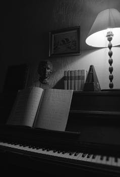 An elegant black and white indoor shot featuring a piano, musical scores, and a lamp.