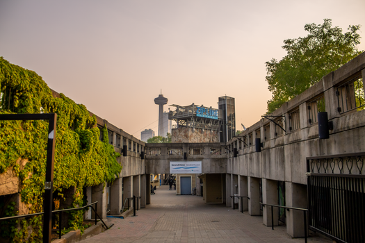 Scenic view of Grand View Marketplace and Skylon Tower at dusk, capturing serene urban ambiance.