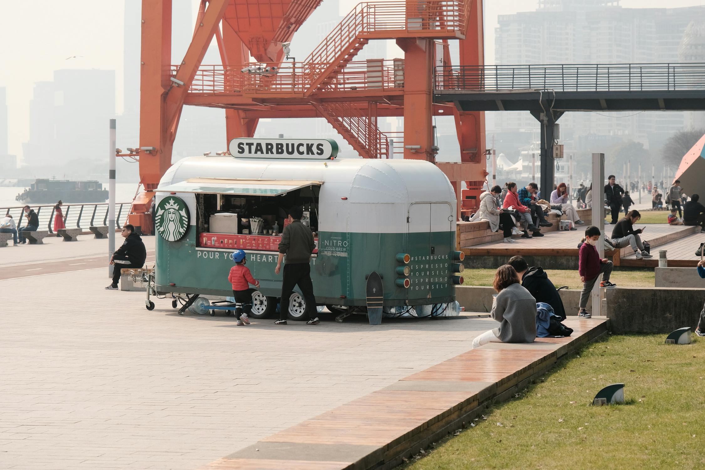 Starbucks mobile Coffee Truck on a City Promenade
