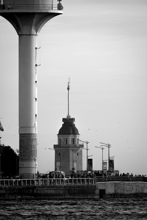 Black and White Picture of the Maidens Tower on the Bosphorus Strait