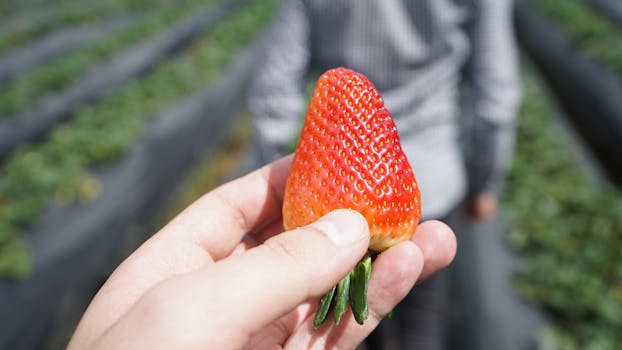 A close-up image of a hand holding a fresh strawberry in a field.