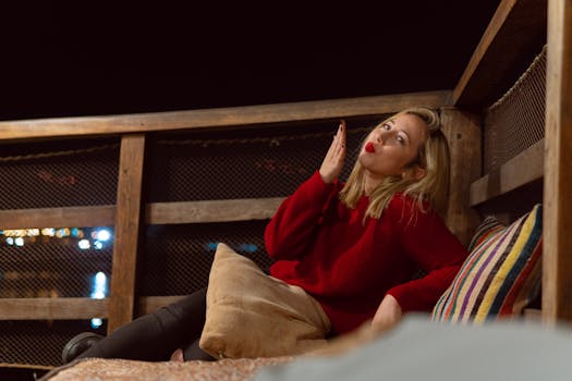 晚上，一名穿着红色毛衣的女子懒洋洋地坐在舒适的阳台上放松