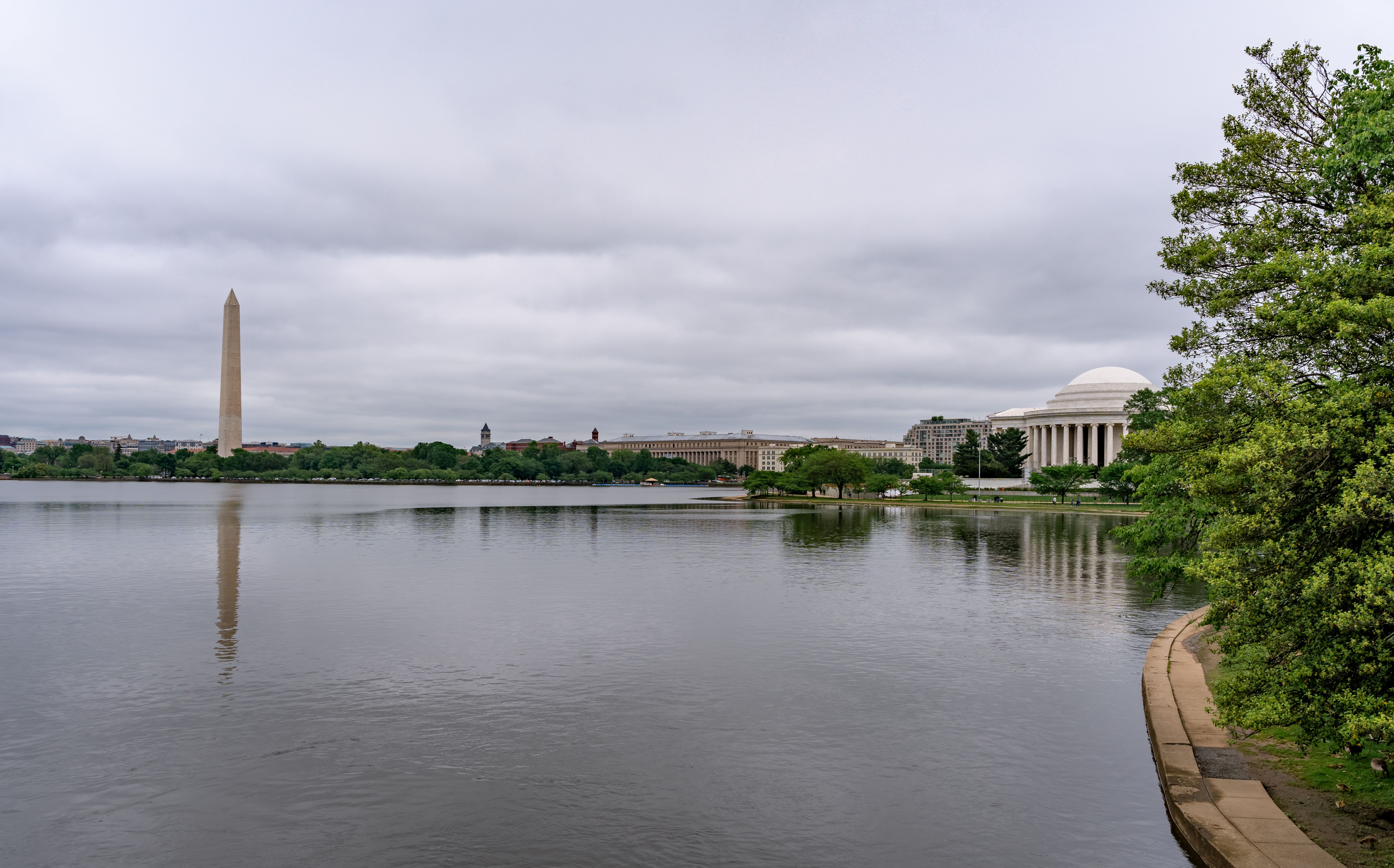 Scenic view of the Washington Monument and Jefferson Memorial reflected in the Tidal Basin.