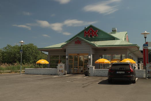 A Max hamburger restaurant with a parked car in Jönköping, Sweden on a sunny day.