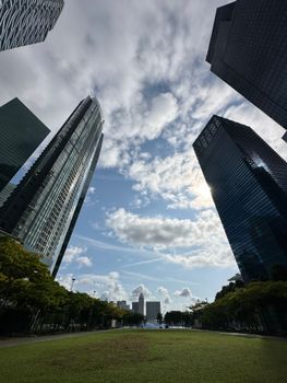 Captivating view of Singapore's skyscrapers reaching towards a cloudy blue sky, framed by green foliage.