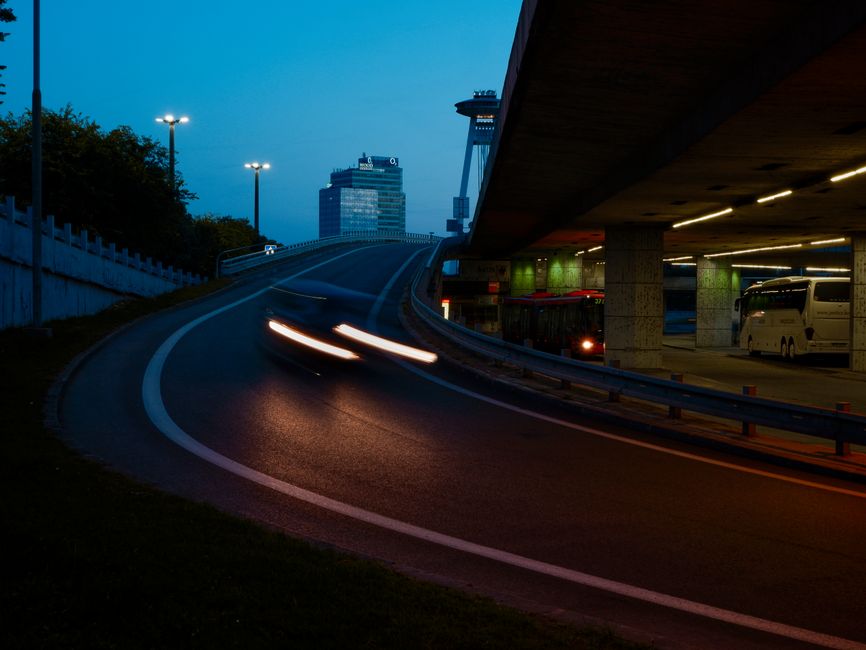 A car approaching a toll booth on the A1 highway in Croatia.