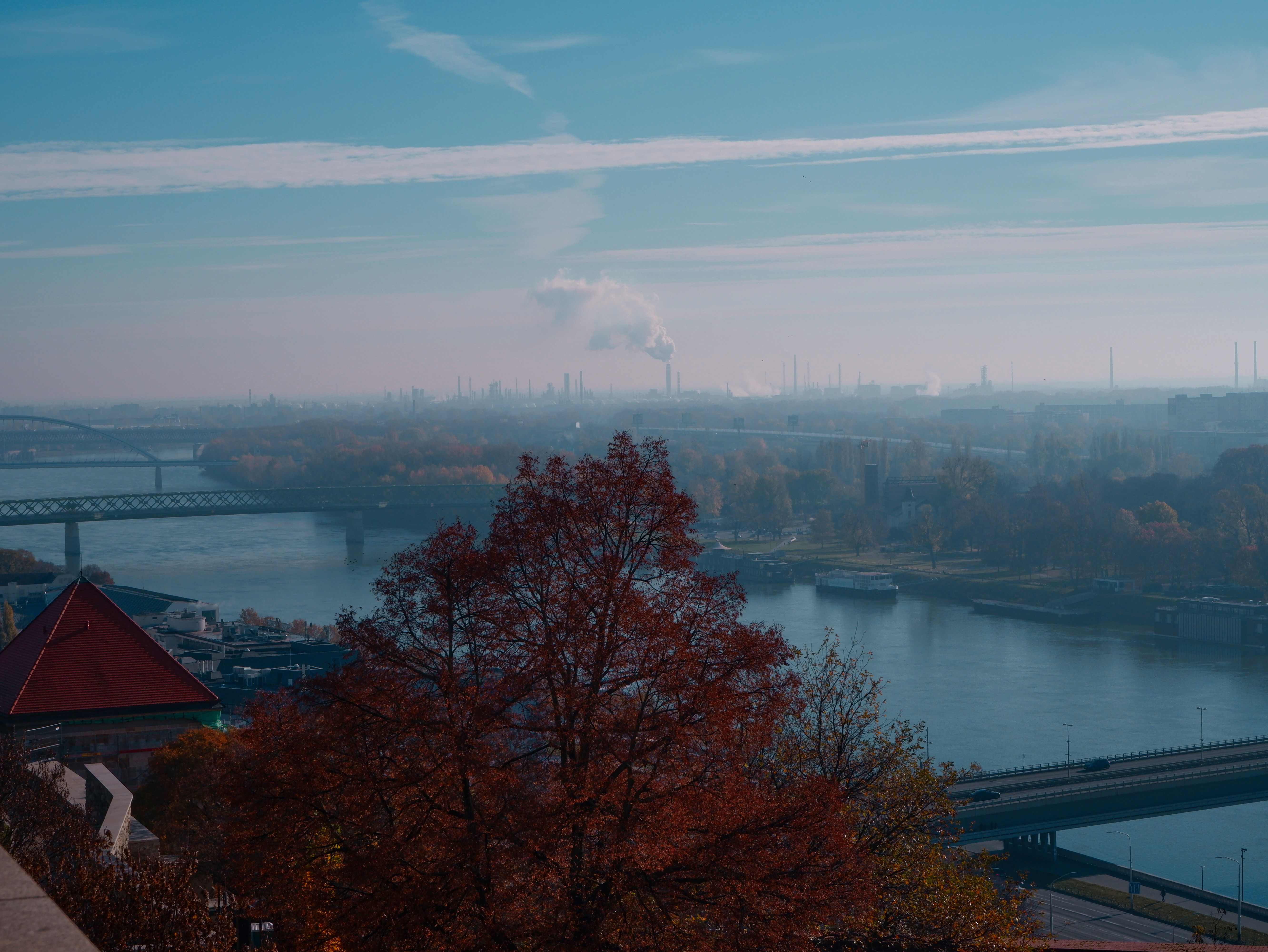 A tranquil cityscape with a river and autumn trees under a misty dawn sky, creating a peaceful urban scene.