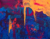 这幅抽象画色彩缤纷，具有大胆的丙烯纹理和充满活力的色调