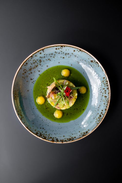 Free Elegant gourmet dish served on a textured artisan plate with vibrant greens and garnishes. Stock Photo