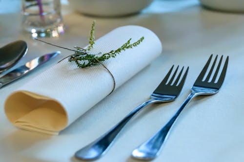 Free Stainless Steel Fork Beside Rolled Paper Towel With Parsley on Top Stock Photo