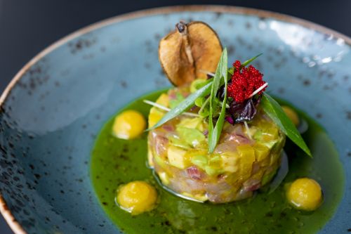 Free Elegant tartare dish on a blue speckled plate with vibrant garnishes. Stock Photo