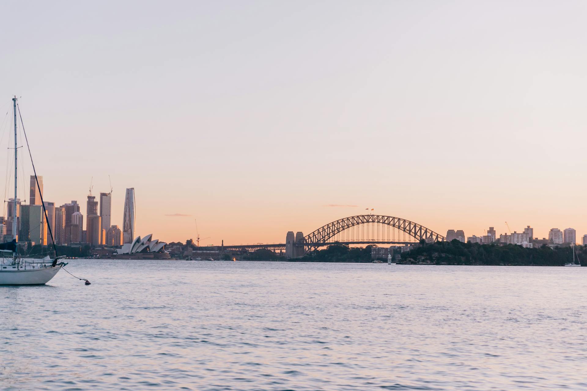 Stunning view of Sydney Harbor Bridge and skyline with serene waters during sunset.
