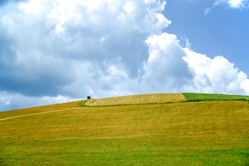 Montaña Cubierta De Hierba Verde Bajo Cielos Blancos Y Azules