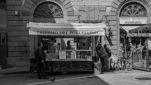 Black and White Picture of a Food Stall in Florence, Italy 