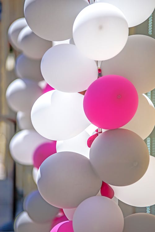 Close-up Photo of Pink and Gray Balloons 