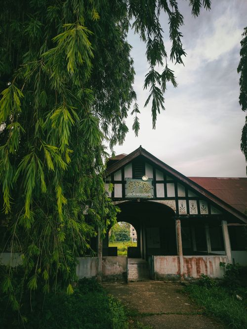 Free A weathered rustic house surrounded by lush green foliage, conveying an abandoned rural charm. Stock Photo