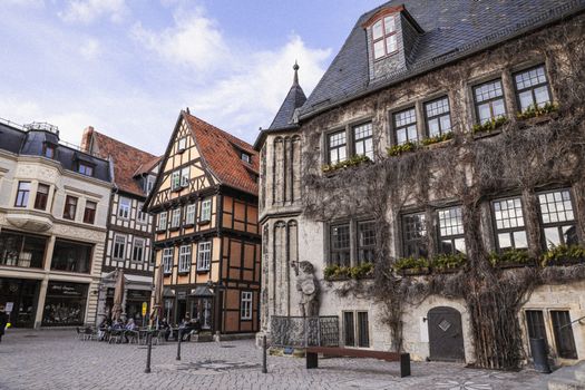 Charming historic half-timbered buildings in Quedlinburg, Germany, a UNESCO World Heritage site.