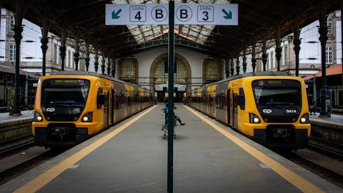 View of Passenger Trains at the Sao Bento Railway Station in Porto, Portugal 