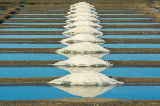 Aerial view of Guérande salt pans in France with white salt mounds reflecting in the water.