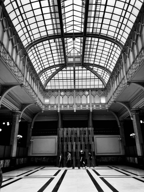Free Black and white shot of Postal Palace with glass ceiling in Mexico City. Stock Photo