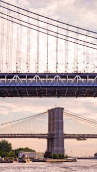 Capture of famous New York City suspension bridges at twilight, showcasing architectural beauty and river panorama.