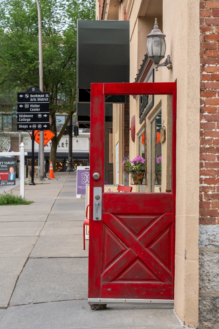 Red Wooden And Glass Entrance Door