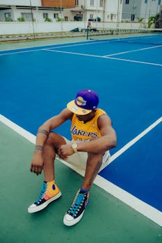 A man in a Lakers jersey and cap sits stylishly on a vibrant blue tennis court.