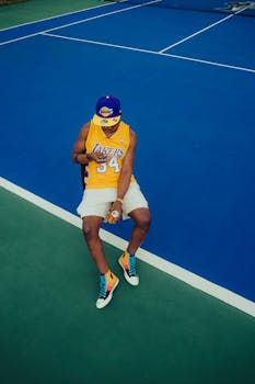 Casual man in Lakers jersey sitting on vibrant tennis court holding a soda.