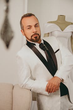 Stylish portrait of a man in a white tuxedo leaning on a sofa indoors.