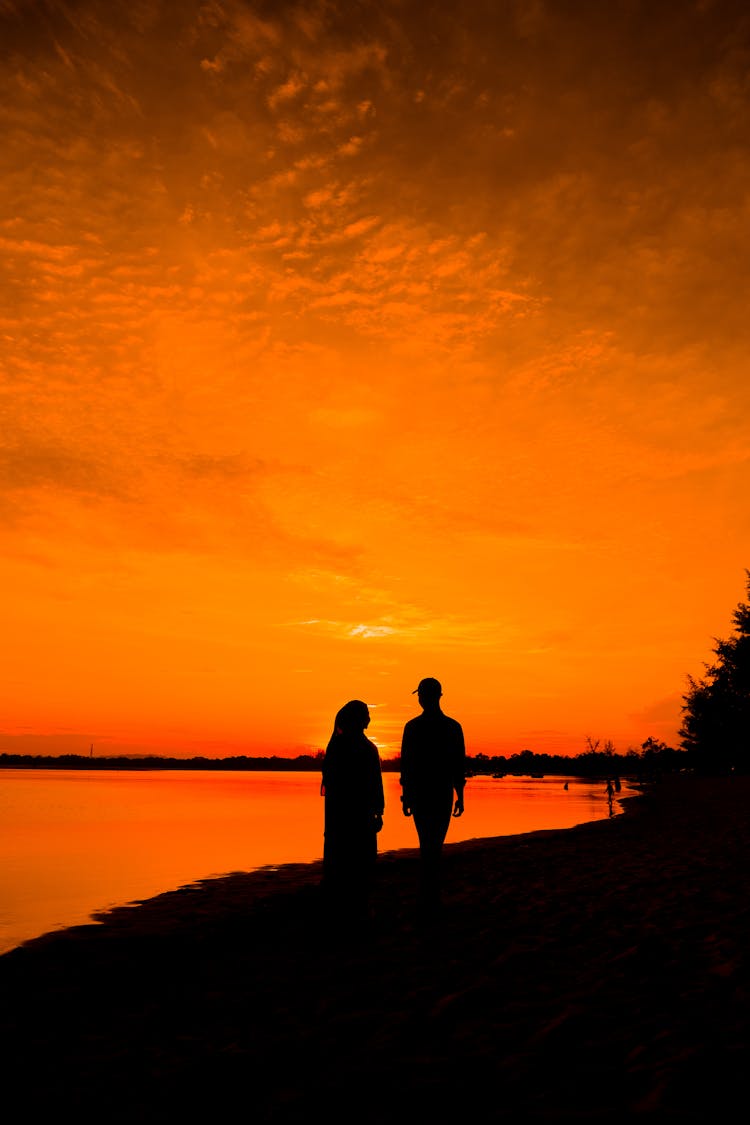 Silhouettes Of Couple Walking On Shore On Sunset