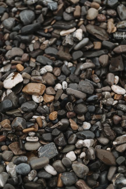 A textured close-up of diverse beach stones and pebbles in muted earth tones.