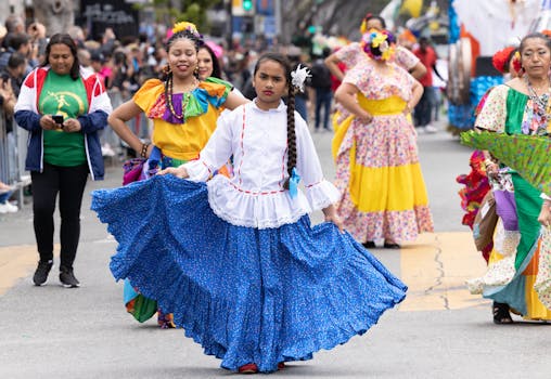 A lively outdoor parade showcasing colorful traditional costumes and cultural celebration.