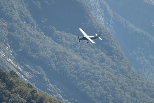 An airplane soaring past lush mountain ranges, capturing the essence of flight and natural beauty.