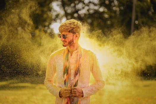 Man enjoying Holi festival with colorful powder in traditional attire outdoors.