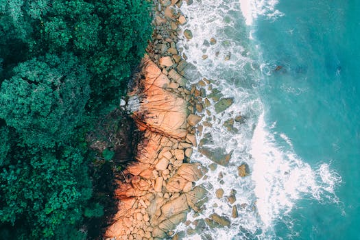 Stunning aerial view of a tropical coastline with lush greenery and crashing ocean waves.