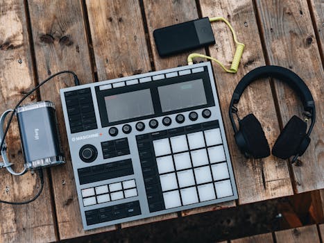 Music production gear including Maschine controller and headphones on a rustic wooden table.