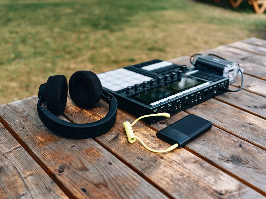 Headphones on wooden table